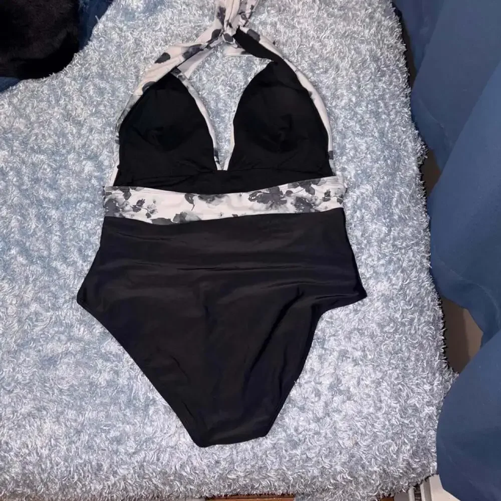 Black and White Floral Halter One Piece Swimsuit